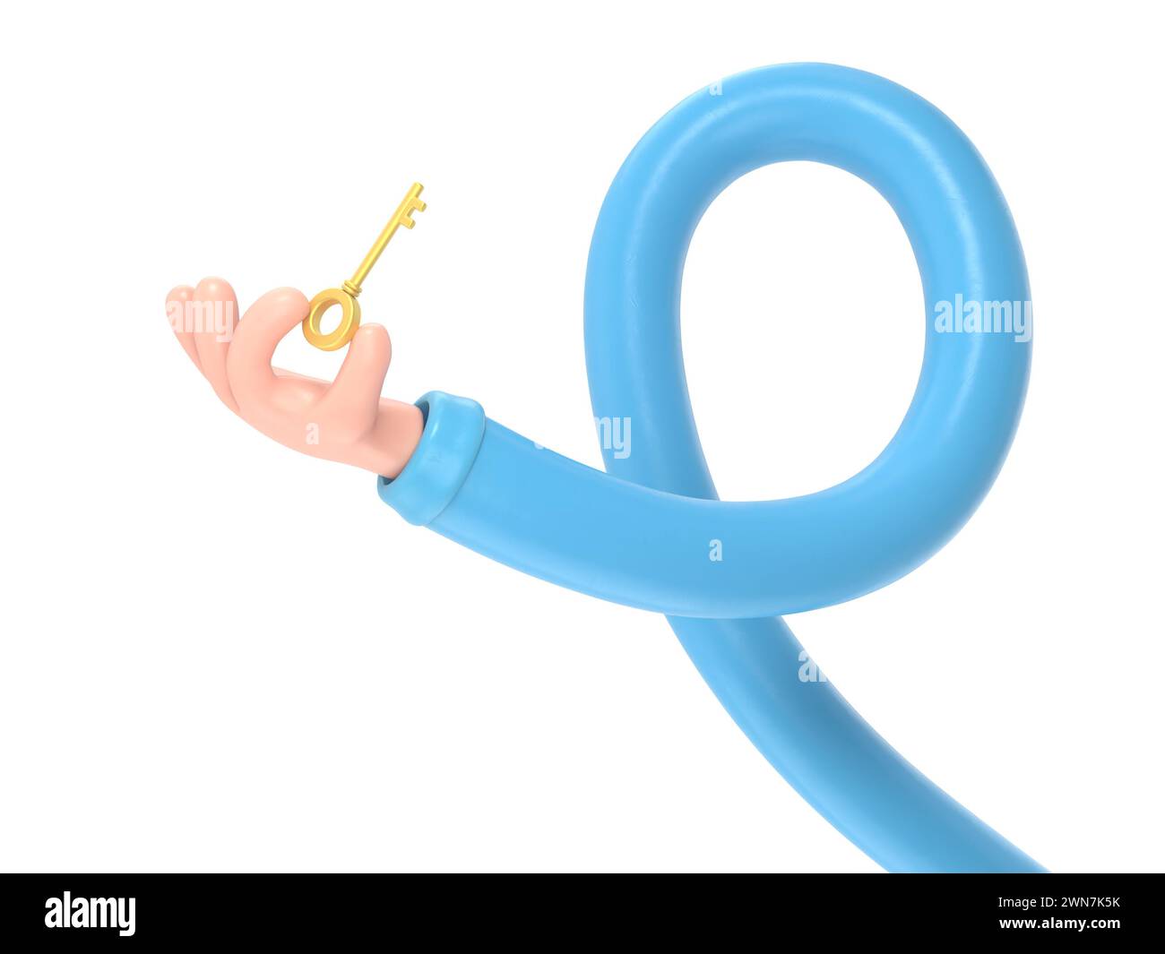 Icône de geste de dessin animé Mockup.icône de main, concept d'accès. Personnage de dessin animé détient la clé métallique. Immobilier illustration.rendu 3D sur fond blanc Banque D'Images