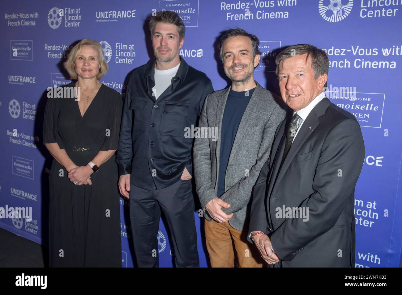 New York, États-Unis. 29 février 2024. (G-d) Daniela Elstner, Thomas Cailley, Pierre Guyard et Gilles Pélisson assistent à la soirée d’ouverture du 29e rendez-vous avec French Cinema Showcase au Walter Reade Theater de New York. (Photo de Ron Adar/SOPA images/SIPA USA) crédit : SIPA USA/Alamy Live News Banque D'Images