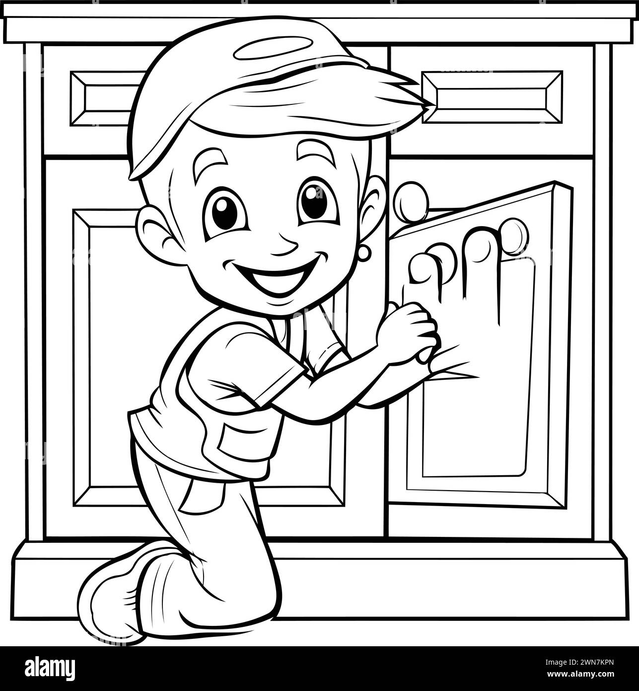 Illustration vectorielle de Cartoon Boy peignant une image dans le cadre de la fenêtre. Illustration de Vecteur