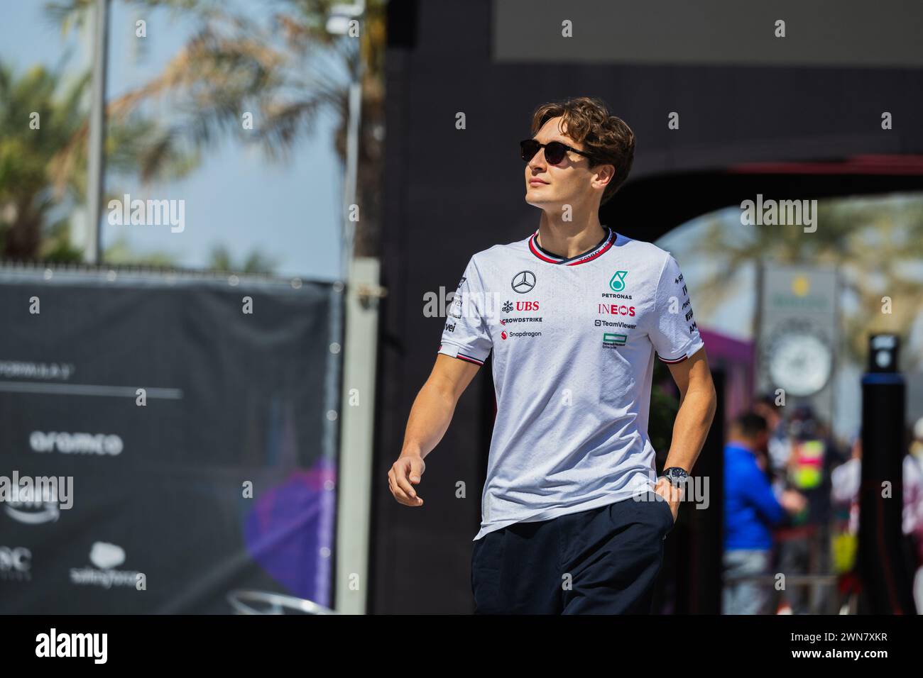 MANAMA, BAHREÏN, circuit international de Bahreïn, 29.Feb.2024 : George Russell de Grande-Bretagne et Mercedes-AMG PETRONAS F1 Team pendant la formule 1 Bahr Banque D'Images