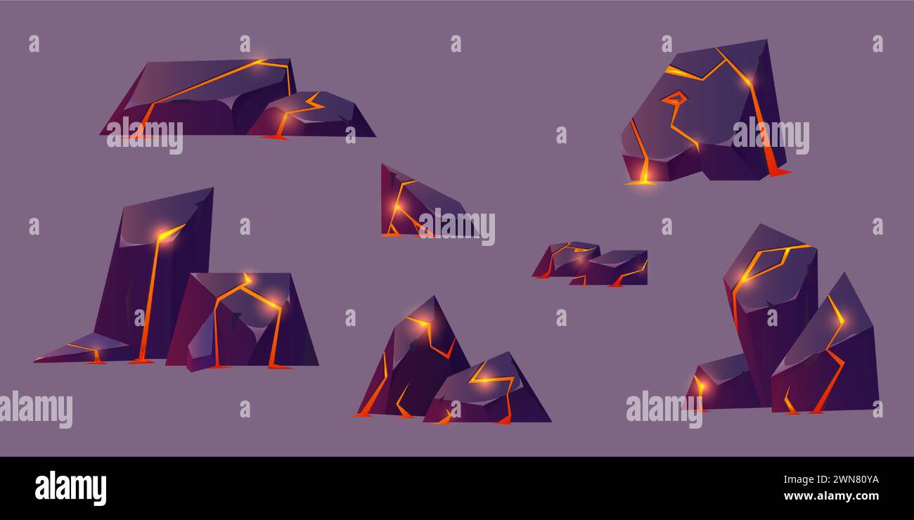 Roches avec des fissures et du liquide coulant orange brillant et lave rouge. Ensemble d'illustration vectorielle de dessin animé de diverses pierres avec fracture et magma fondu. Blocs de terre avec fissure et plasma. Illustration de Vecteur
