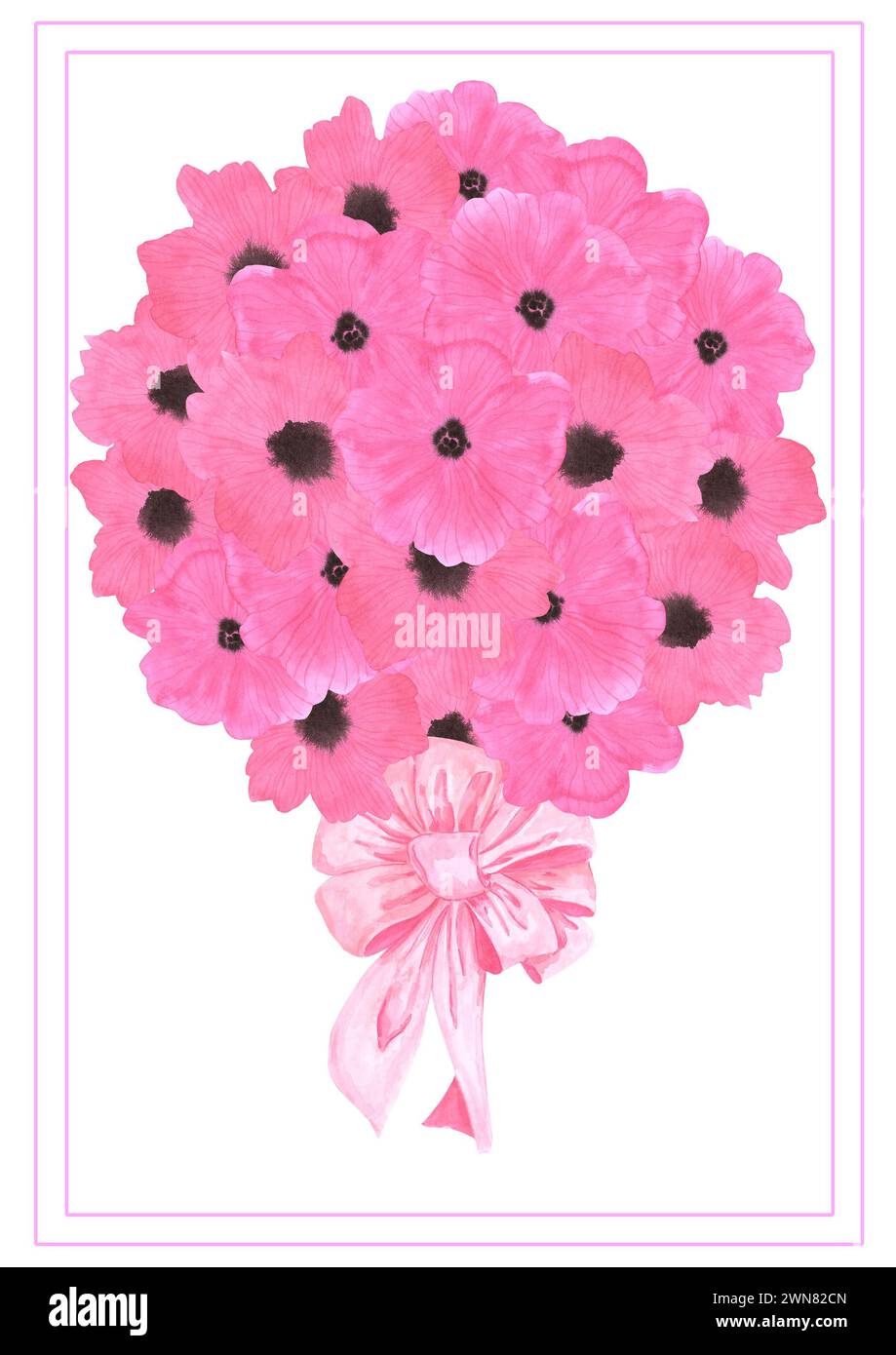 Carte postale bouquet de fleurs de coquelicot rose dessinée à l'aquarelle à la main isolé sur fond blanc. Peut être utilisé pour la carte, l'affiche et d'autres produits imprimés Banque D'Images