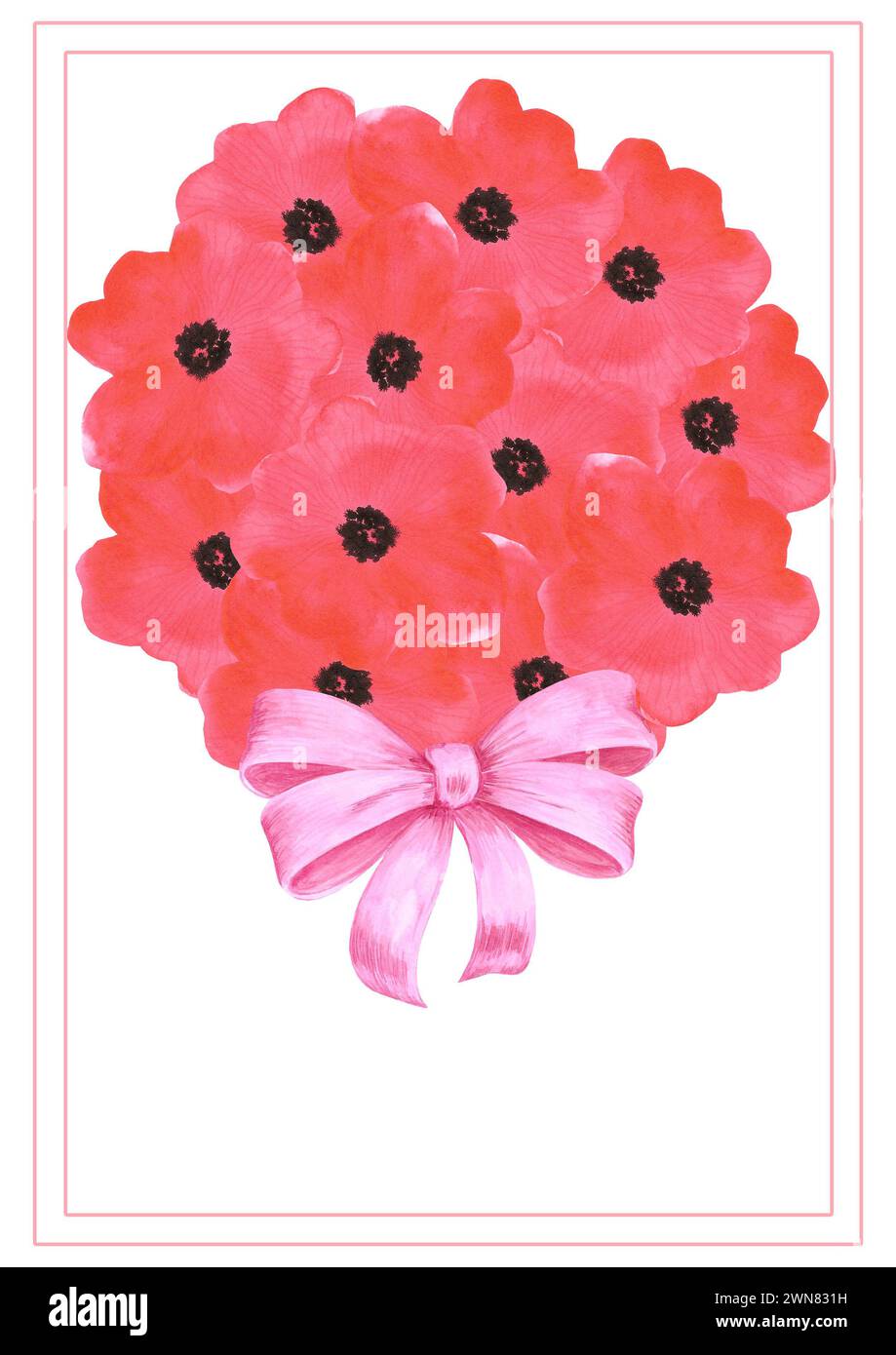 Carte postale de bouquet de fleurs de coquelicot rouge dessinée à l'aquarelle dessinée à la main isolé sur fond blanc. Peut être utilisé pour la carte, l'affiche et d'autres produits imprimés Banque D'Images