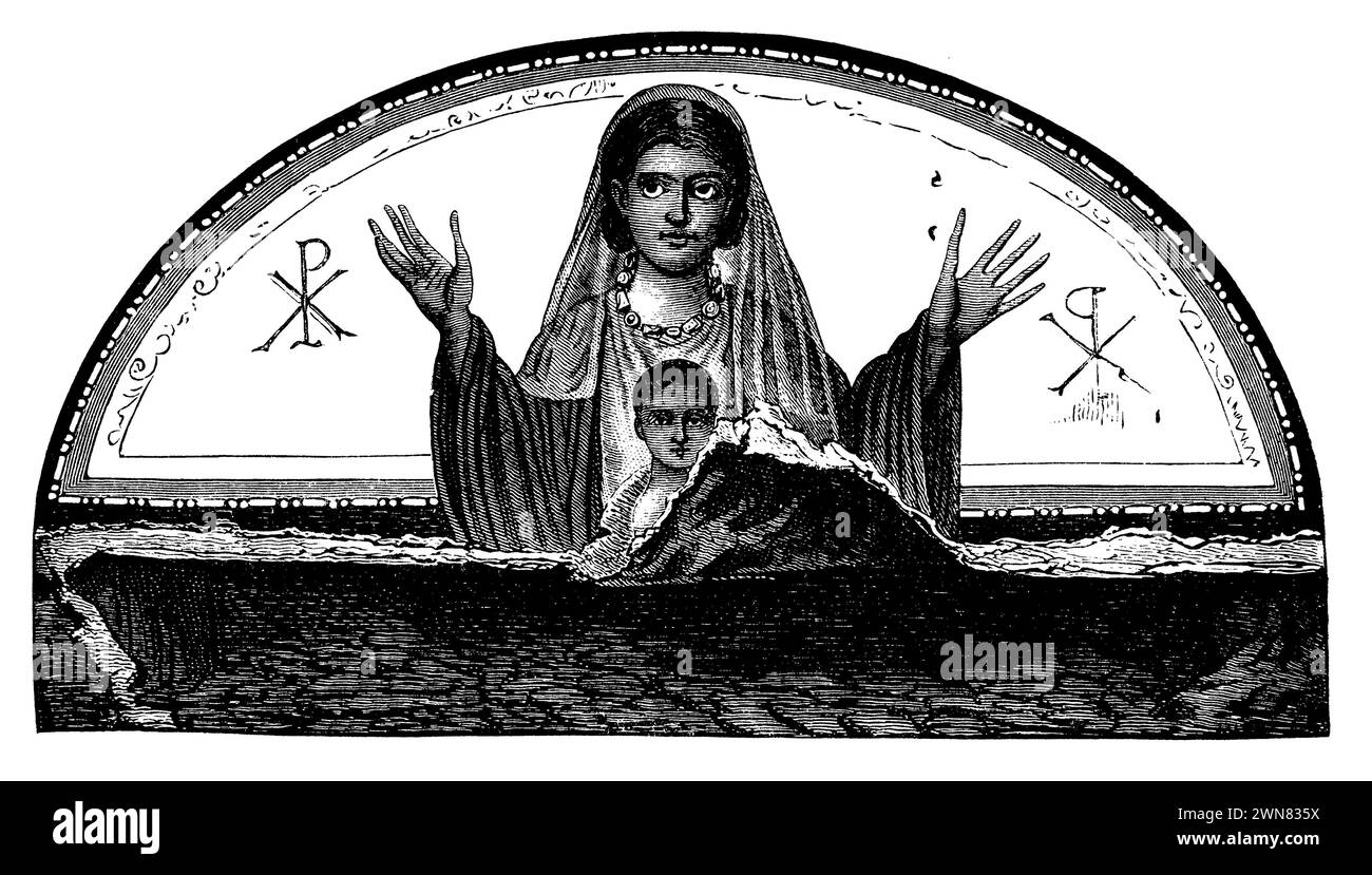 Catacombe peinture : femme chrétienne avec son enfant, , (livre d'histoire de l'art, 1887), Katakombengemälde : Christin mit ihrem Kind, peinture des catacombes : chrétienne avec son enfant. Banque D'Images