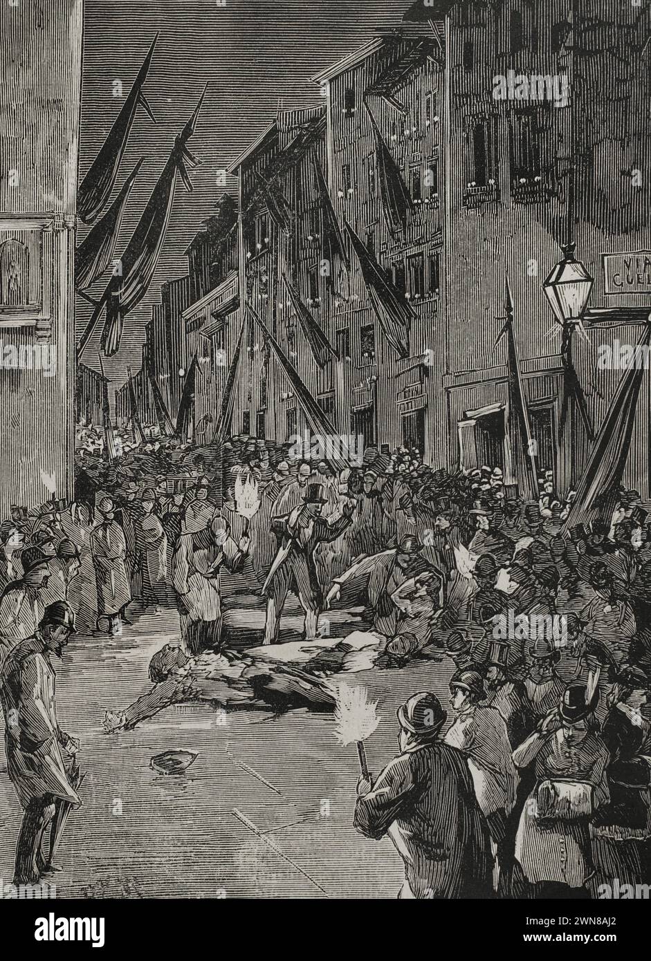 Florence, Italie. Explosion d'une bombe Orsini dans la via Guelfa, jetée dans une foule de spectateurs rassemblés lors d'une manifestation monarchiste le 18 novembre 1878. Gravure. La Ilustración Española y Americana (illustration espagnole et américaine), 1878. Banque D'Images