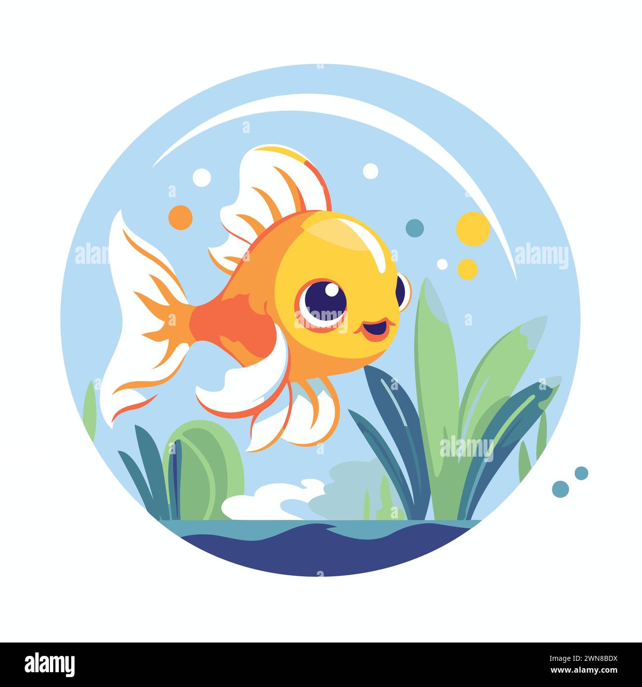 Mignon dessin animé poisson rouge dans l'eau. Illustration vectorielle plate. Illustration de Vecteur