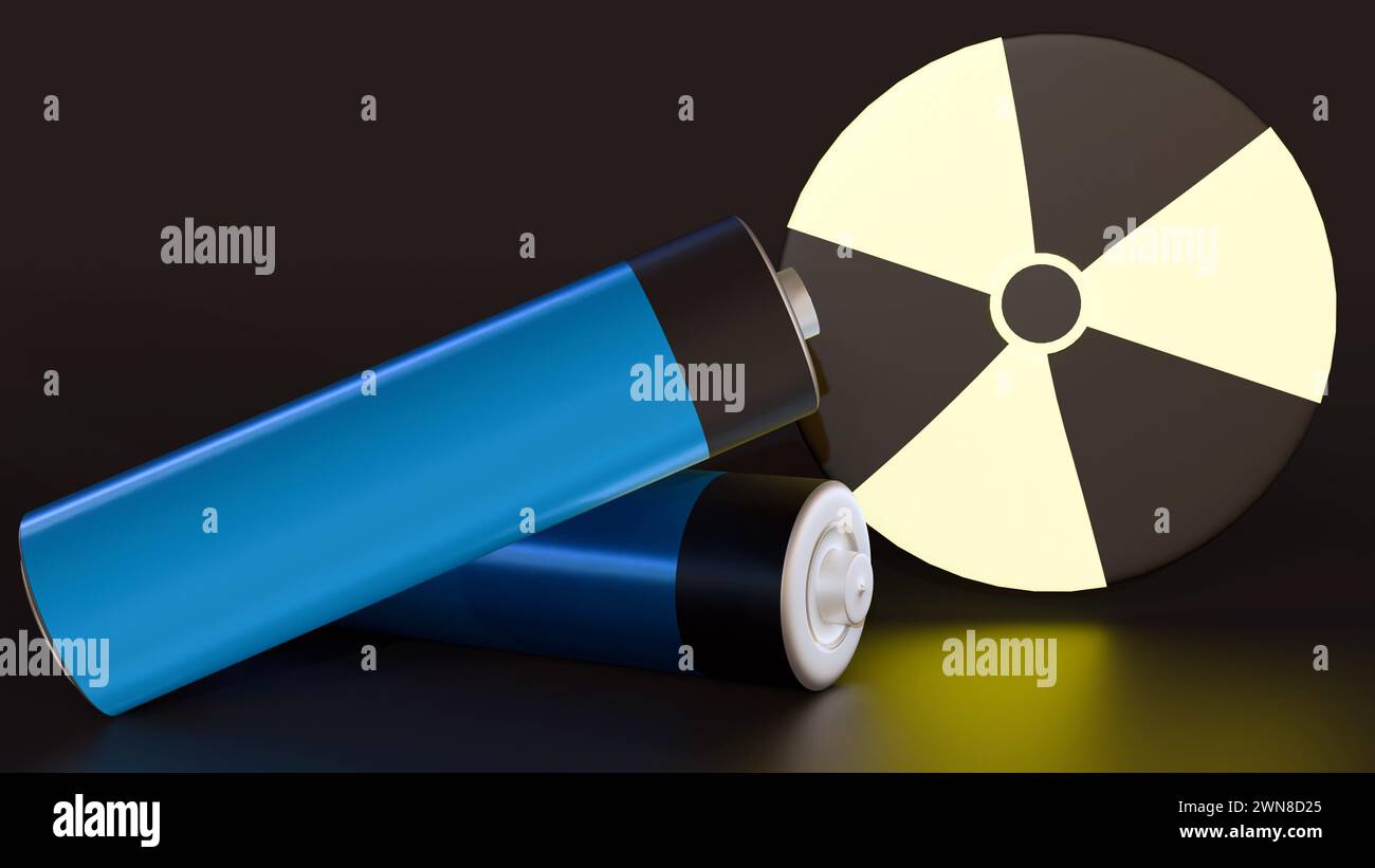 rendu 3d du symbole nucléaire incandescent et des batteries. Banque D'Images