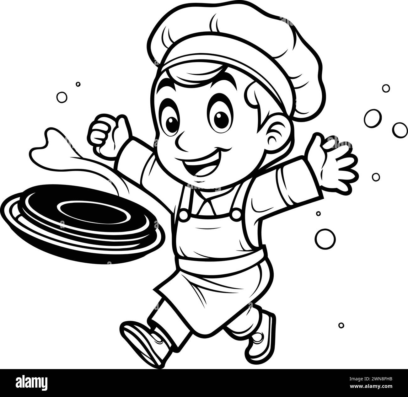Dessin animé noir et blanc illustration d'un personnage de chef de garçon enfant portant un costume de cuisinier tenant une casserole Illustration de Vecteur