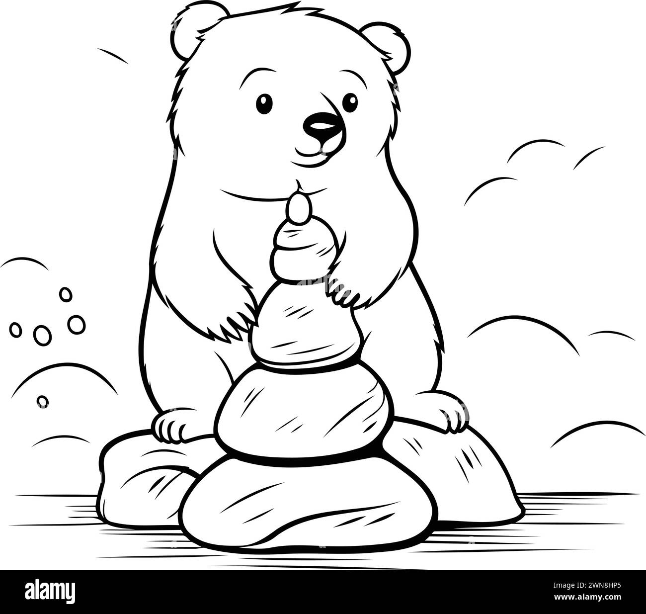 Illustration d'un ours polaire mignon assis sur un rocher et tenant une bouteille Illustration de Vecteur