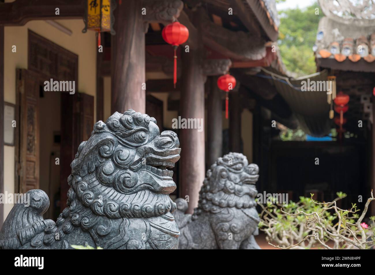 Gros plan sculpture du gardien du lion au temple bouddhiste sur le Marbel Mountian, au centre du Vietnam. Il y a des lanternes rouges suspendues à la structure Banque D'Images