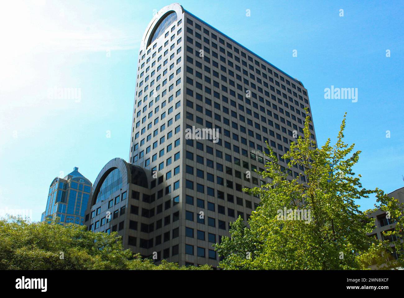 Immeuble d'affaires avec fenêtres entourées d'arbres à Seattle Banque D'Images