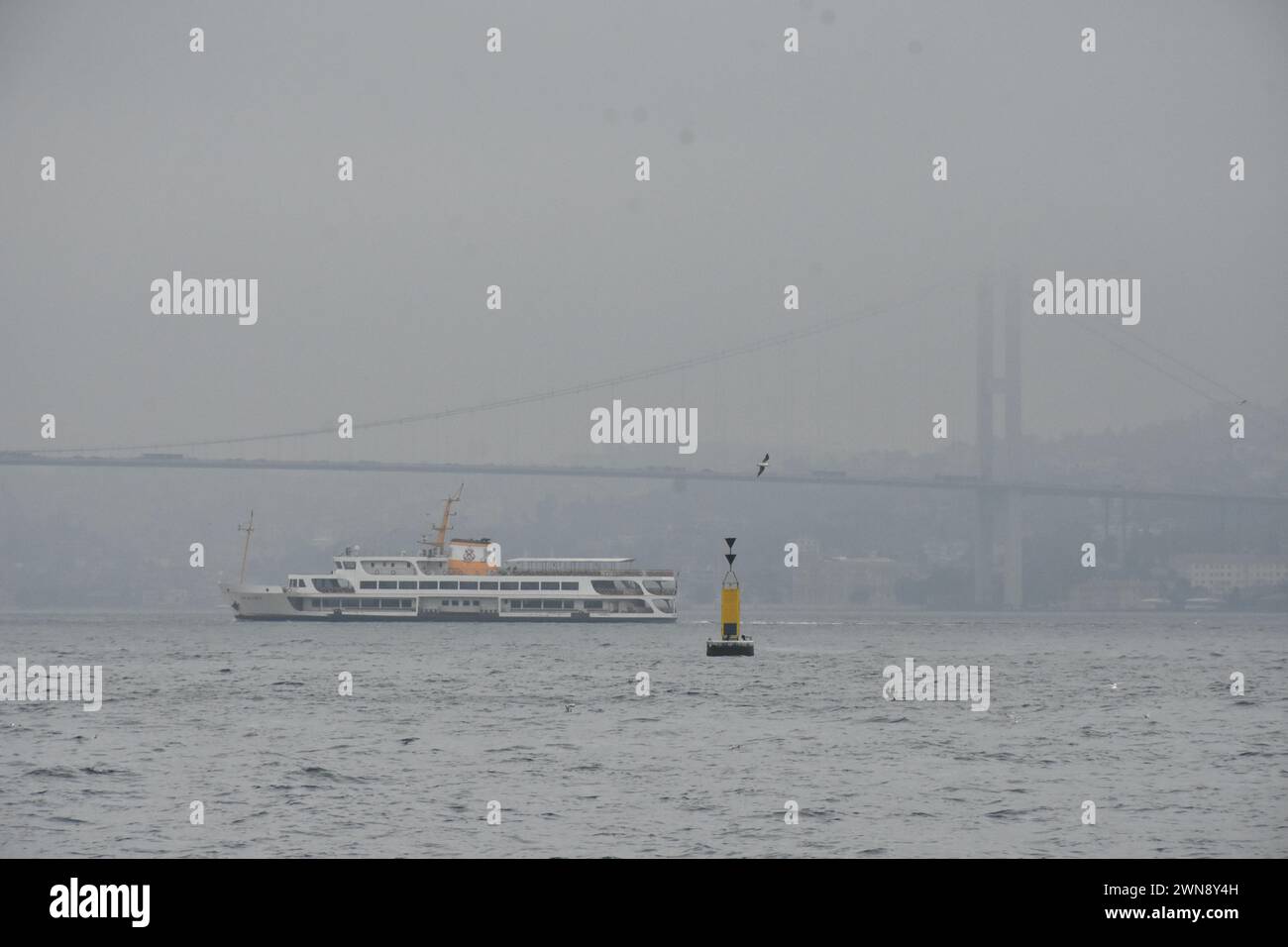 Istanbul. 1er mars 2024. Cette photo prise le 1er mars 2024 montre le détroit du Bosphore recouvert d'un épais brouillard à Istanbul, T¨¹rkiye. Jeudi, une épaisse couverture de brouillard a masqué Istanbul, la plus grande ville de T¨¹rkiye, réduisant la visibilité et perturbant le trafic aérien, maritime et terrestre. Crédit : Safar Rajabov/Xinhua/Alamy Live News Banque D'Images