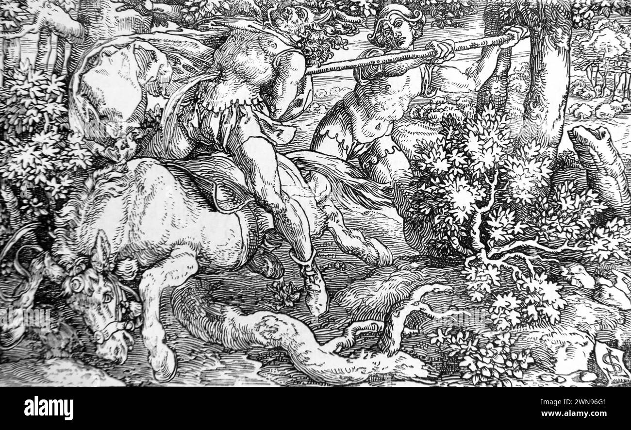 Illustration d'Absalom (fils du roi David) essayant d'échapper aux hommes de David attrapé sa tête sur une branche d'un chêne sa mule continuait à aller pendant qu'Absalom w Banque D'Images