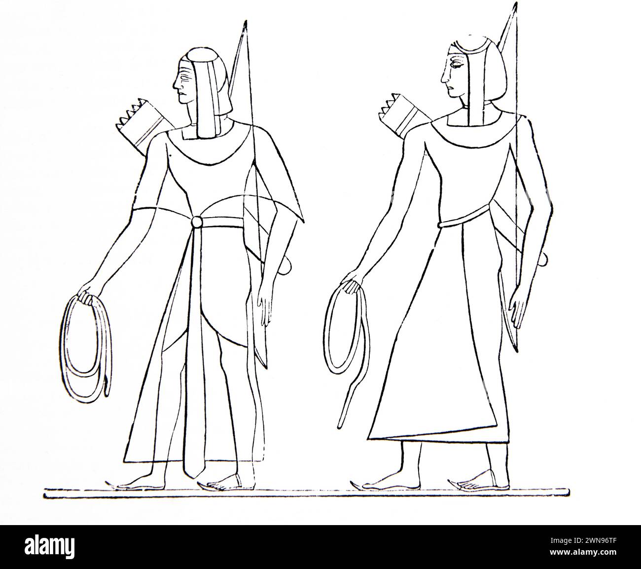 Illustration d'Archers d'un Bas-relief égyptien à Thèbes dans la Bible de famille illustrée antique du XIXe siècle Banque D'Images