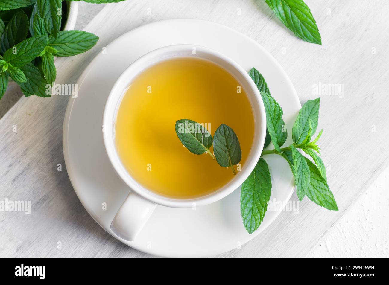 Tasse de thé à la menthe avec des feuilles de menthe verte fraîche sur une table rustique, boisson chaude saine à base de plantes Banque D'Images