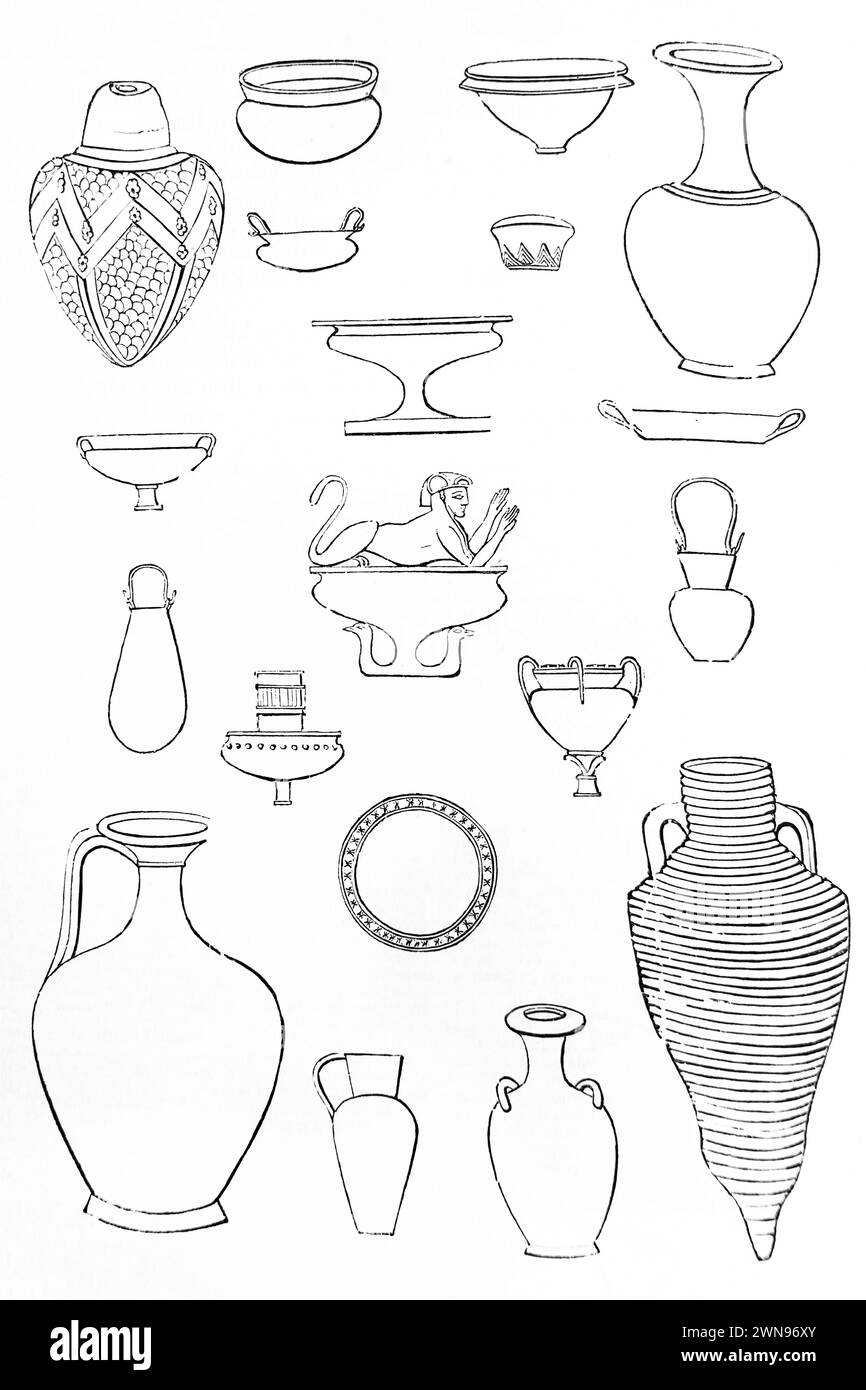 Illustration de vases domestiques et ornementaux des Égyptiens de diverses sculptures égyptiennes dans la Bible de famille illustrée antique du XIXe siècle Banque D'Images