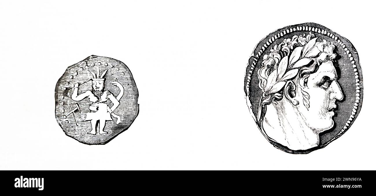 Illustration de Shekels phéniciens antiques montrant la tête du Dieu Melkart de la Bible de famille illustrée antique du XIXe siècle Banque D'Images