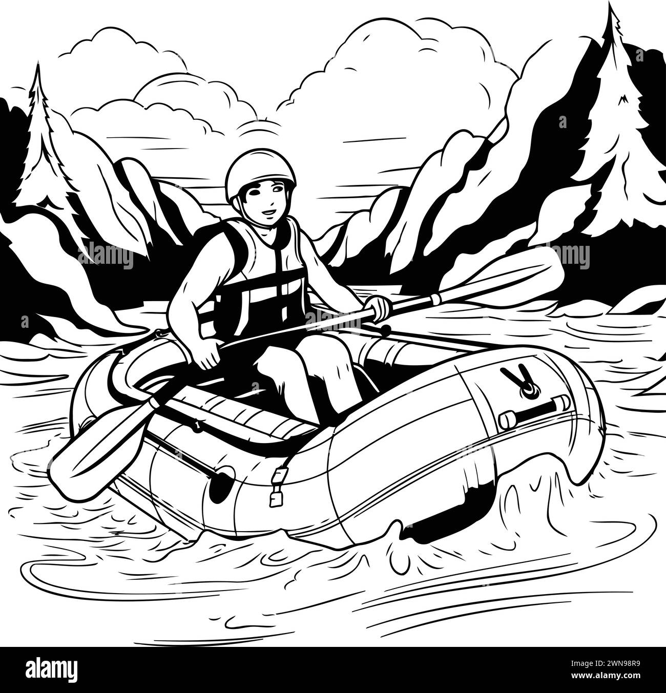 Rafting. Illustration en noir et blanc d'un homme pagayant un kayak. Illustration de Vecteur