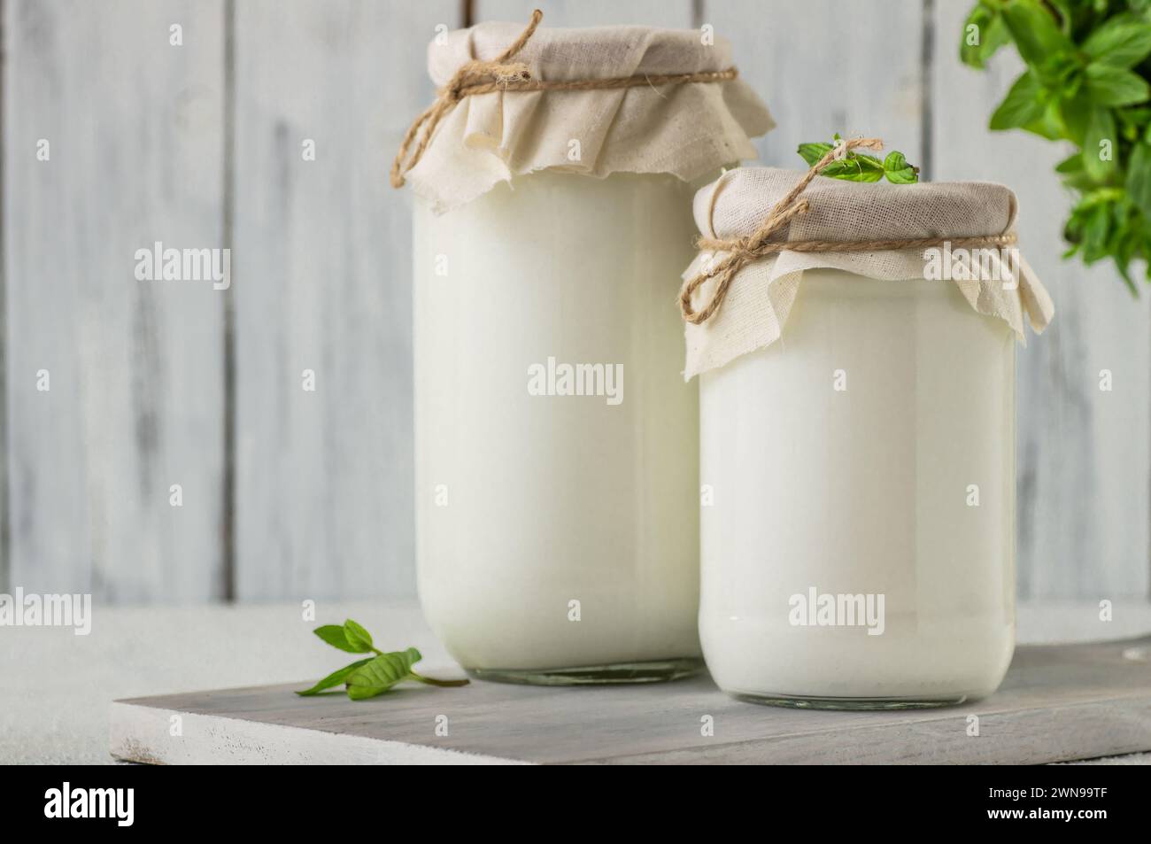 Yaourt maison avec de la crème dans le pot sur la table rustique blanche, nourriture saine Banque D'Images