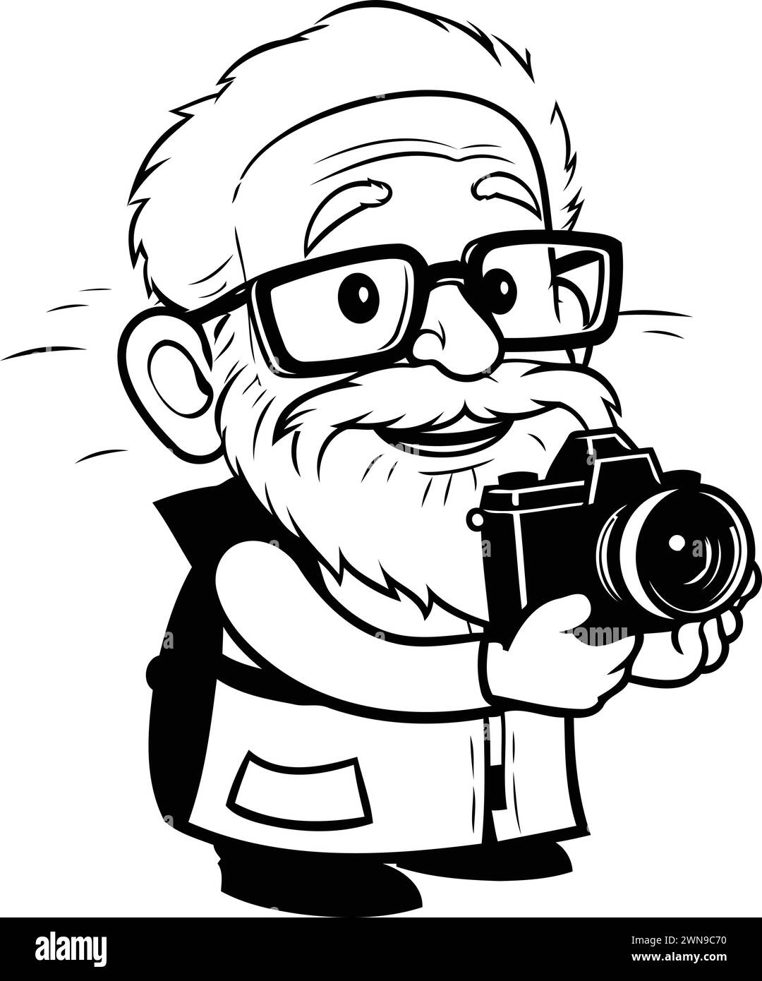 Grand-père avec un appareil photo - illustration de dessin animé noir et blanc. Vecteur Illustration de Vecteur