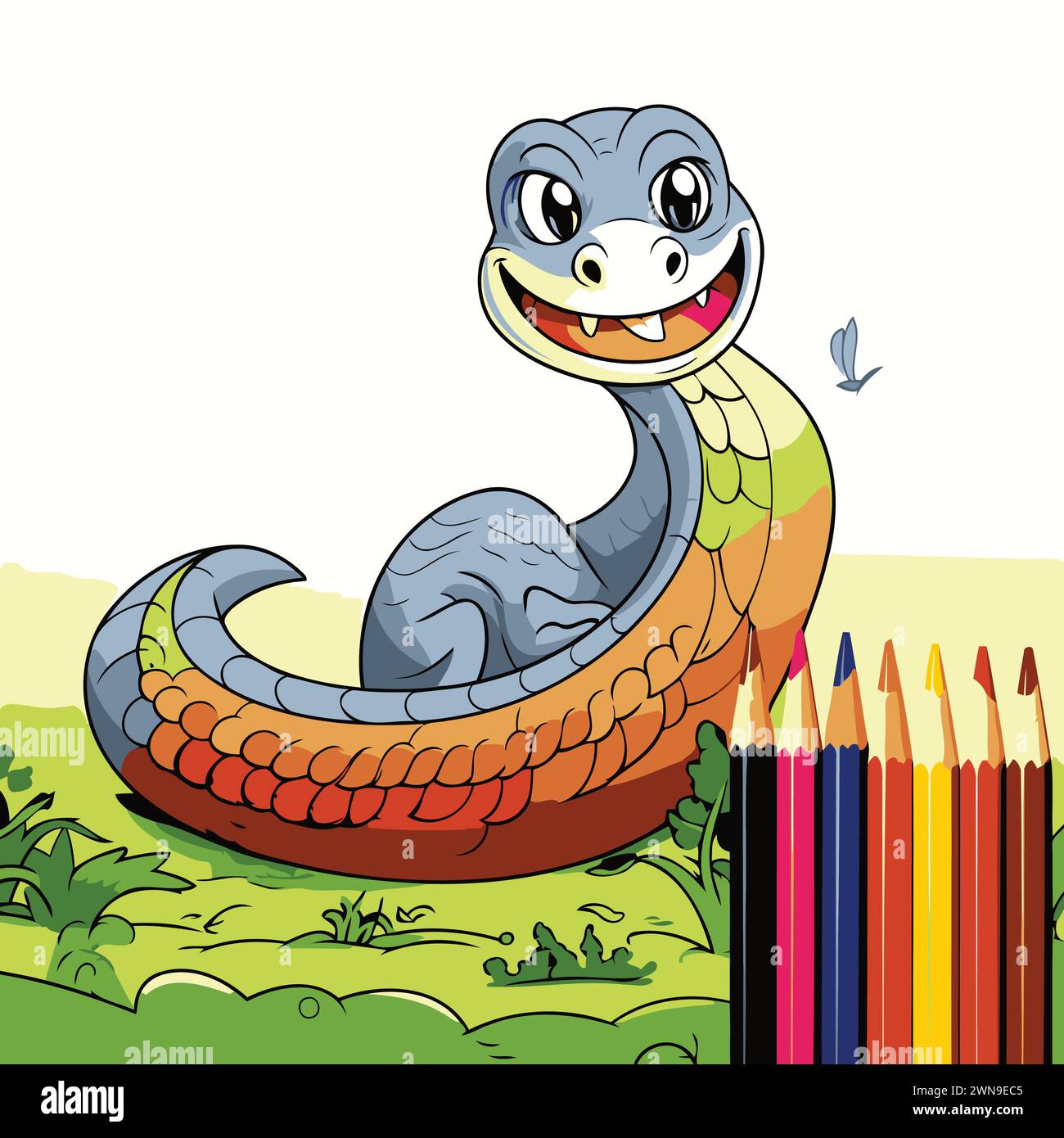 Serpent mignon avec des crayons de couleur dans le jardin. Illustration vectorielle Illustration de Vecteur