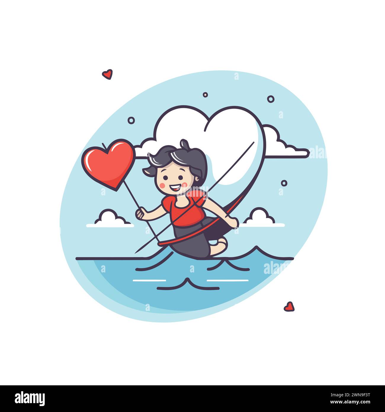 Illustration vectorielle de kitesurf. Kitesurfer de dessin animé en forme de coeur. Illustration de Vecteur