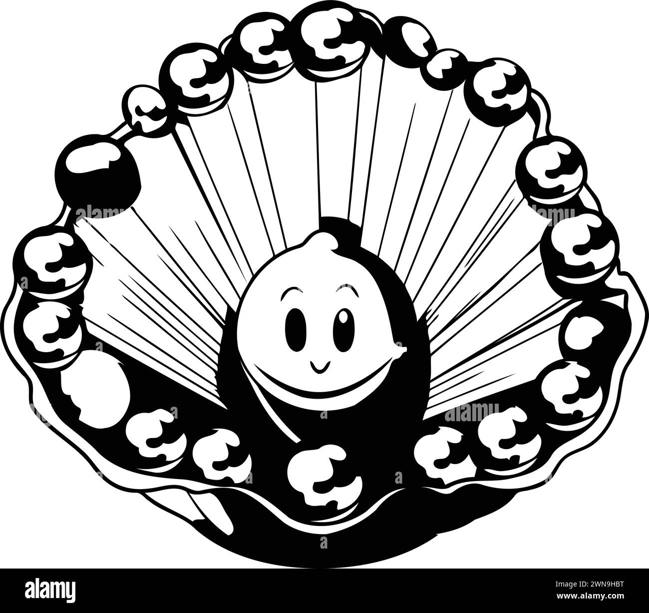 Illustration en noir et blanc d'un coquillage avec un visage souriant Illustration de Vecteur