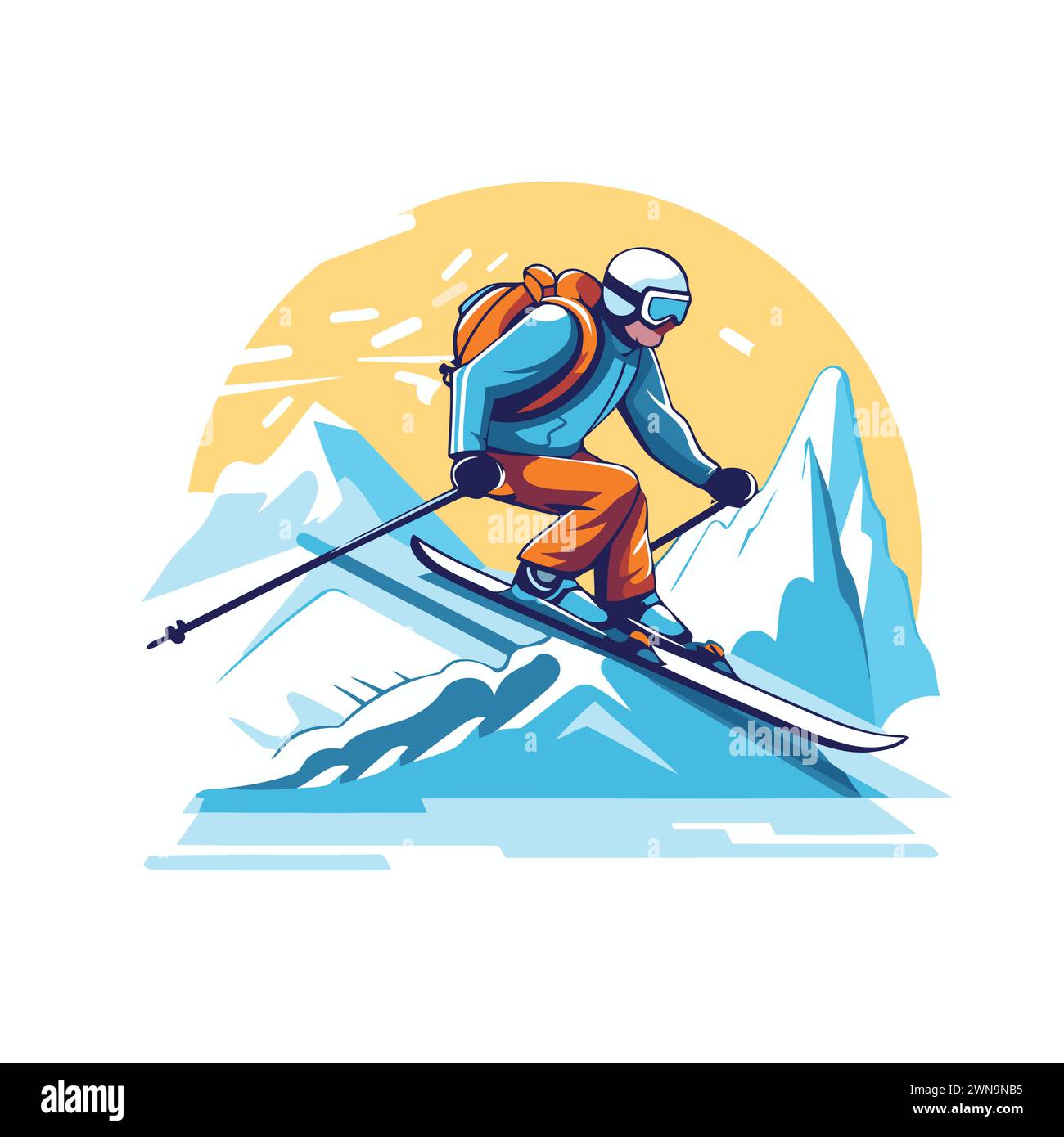 Skieur ski alpin dans les montagnes. Illustration vectorielle d'un homme skiant en descente. Illustration de Vecteur