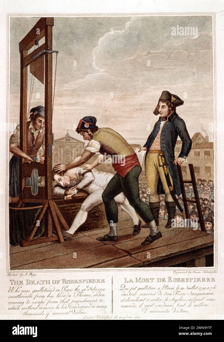 Décès de Maximilien Robespierre guillotiné à Paris le 28 juillet 1794 à 7 heures du soir. Gravure anglaise. 1799. Banque D'Images
