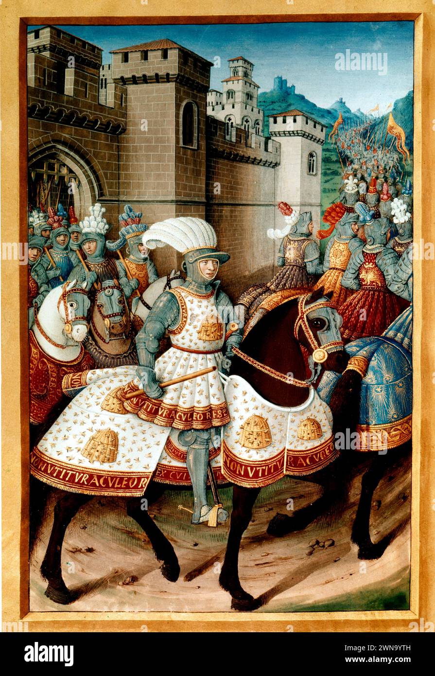 Louis XII (1462 -1515), roi de France, quittant la ville d'Asti pour se rendre à Gênes, en 1505. Miniature du XVIe siècle. Paris BN. Banque D'Images