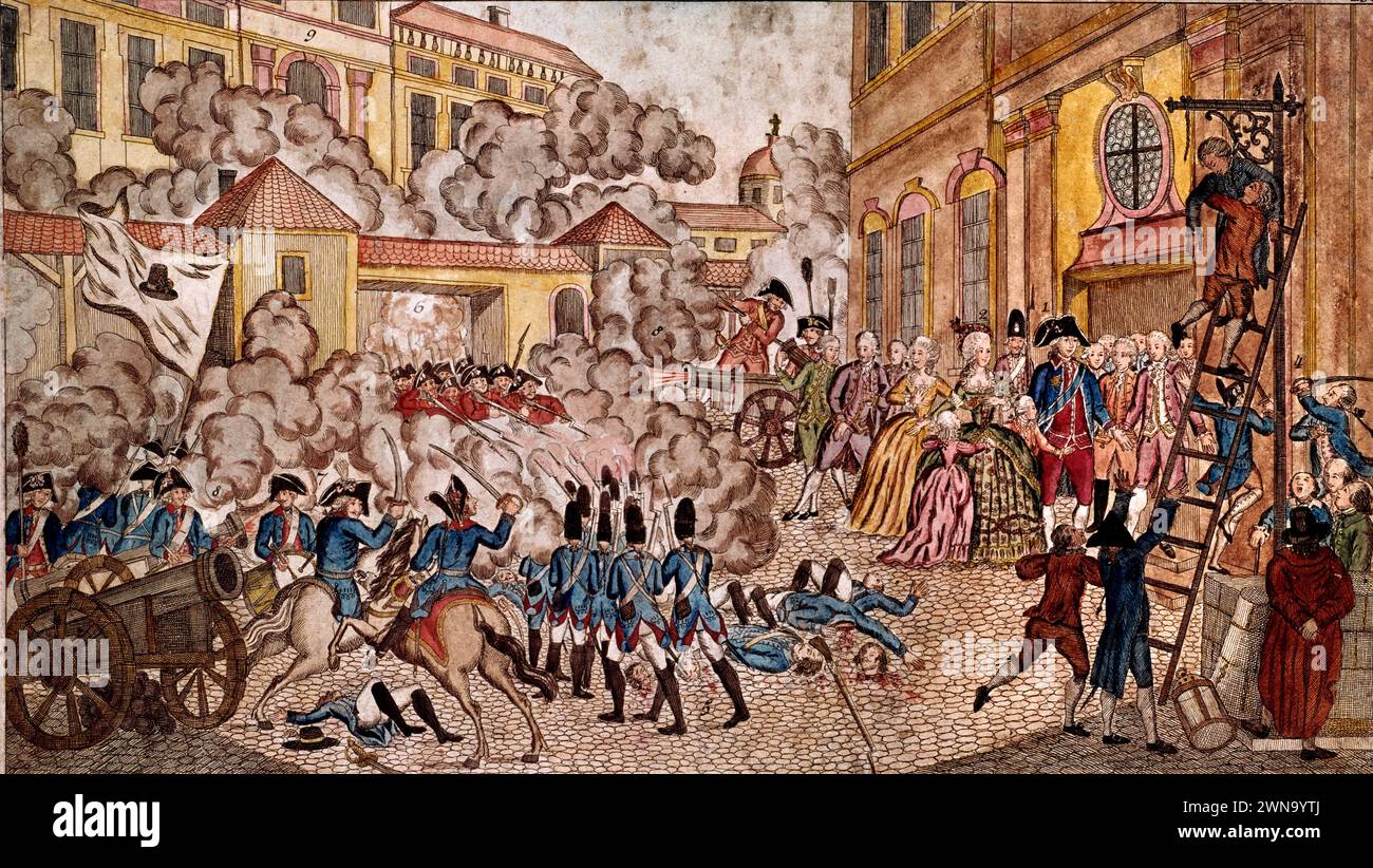 La terrible nuit à Paris le 10 août 1792. L’insurrection à Paris qui oblige Louis XVI et sa famille (Marie-Antoinette et leurs enfants) à se réfugier dans la salle de l’Assemblée nationale : la fin de la monarchie. Gravure de la période. Banque D'Images