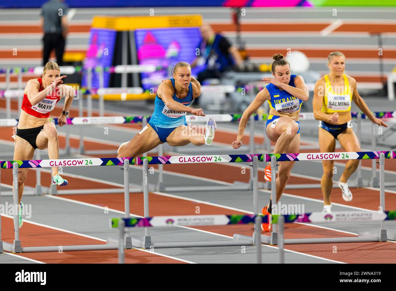 Glasgow, Écosse. 01 mars 2024. Saga VANNINEN (fin) prend la deuxième place dans son pentthalon 60m haies Heat World Athletics Indoor Championships - Glasgow 24 crédit : Raymond Davies / Alamy Live News Banque D'Images