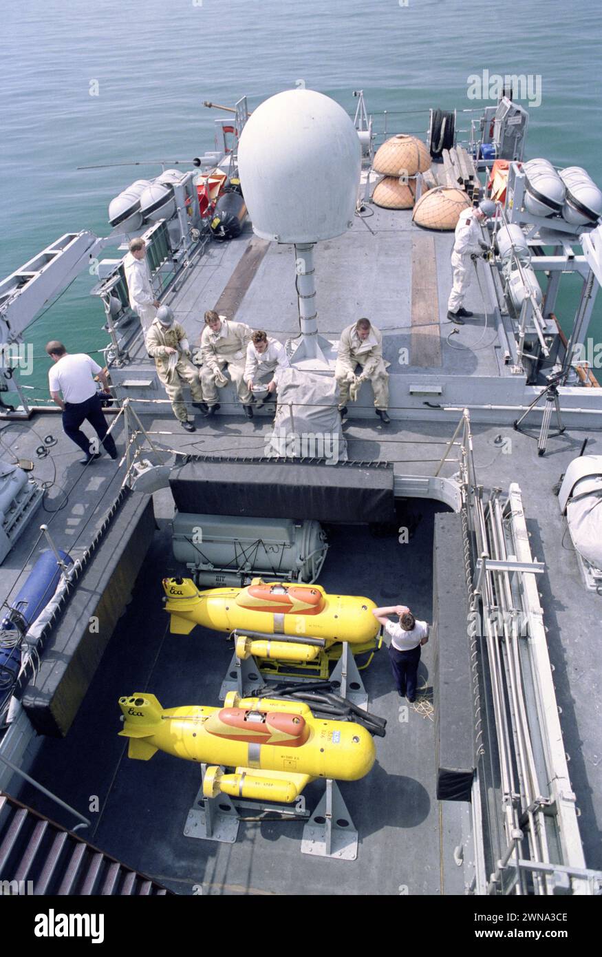 20 mars 1991 sous-marins de déminage télécommandés de la Royal Navy (RCMDV MK2) à bord du RFA Sir Galahad dans le golfe Persique. Banque D'Images