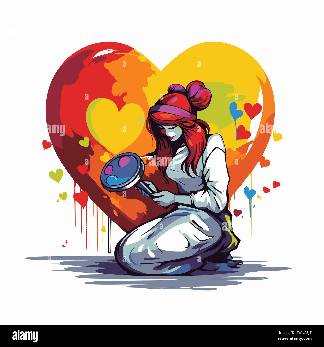Illustration vectorielle d'une fille avec une casserole dans ses mains sur le fond du cœur Illustration de Vecteur