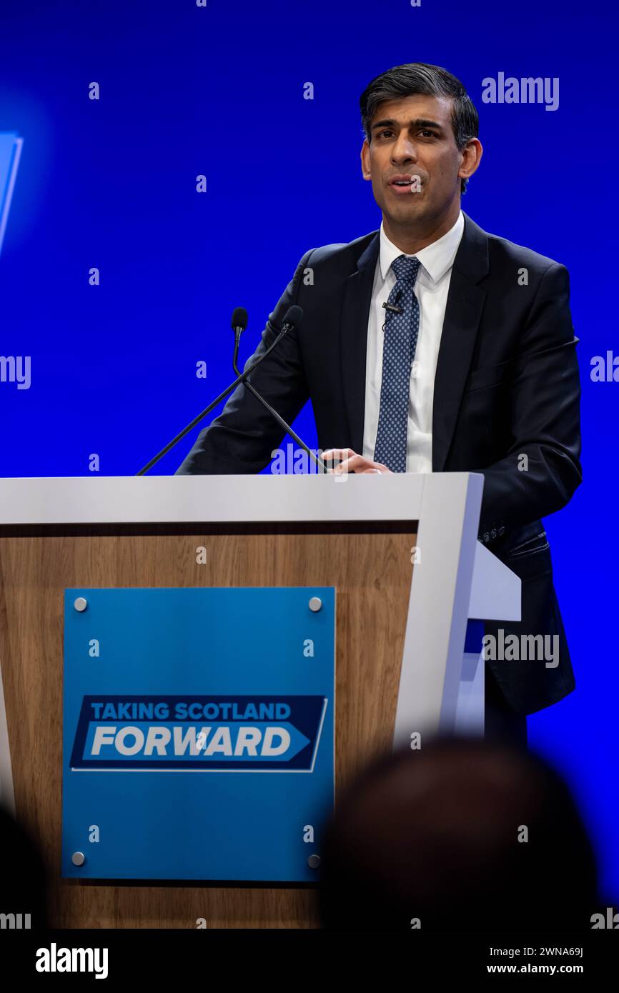 Le premier ministre Rishi Sunak s’exprime lors de la conférence du Parti conservateur écossais au complexe Event d’Aberdeen. Date de la photo : vendredi 1er mars 2024. Banque D'Images