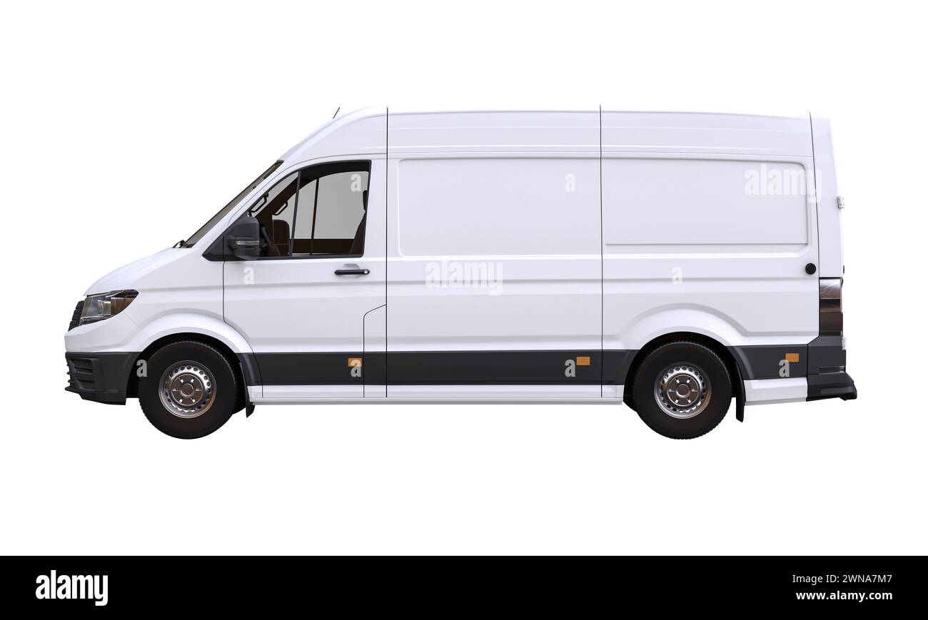 Vue latérale d'un fourgon cargo blanc contemporain isolé sur blanc. rendu 3d. Banque D'Images
