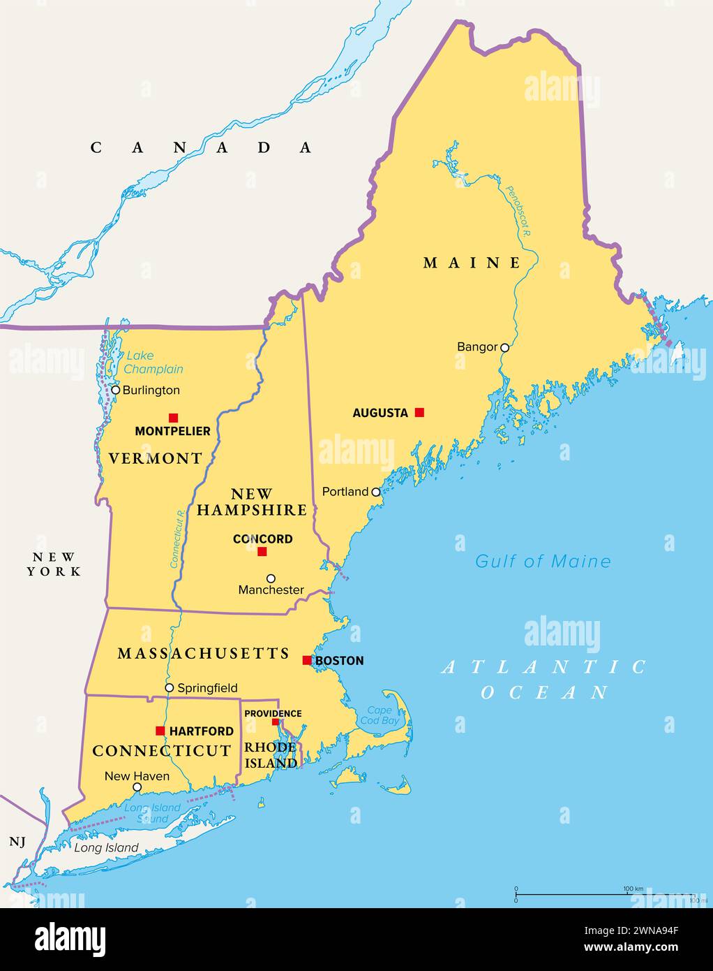 La Nouvelle-Angleterre, une région des États-Unis, carte politique. Maine, Vermont, New Hampshire, Massachusetts, Rhode Island et Connecticut avec capitales. Banque D'Images