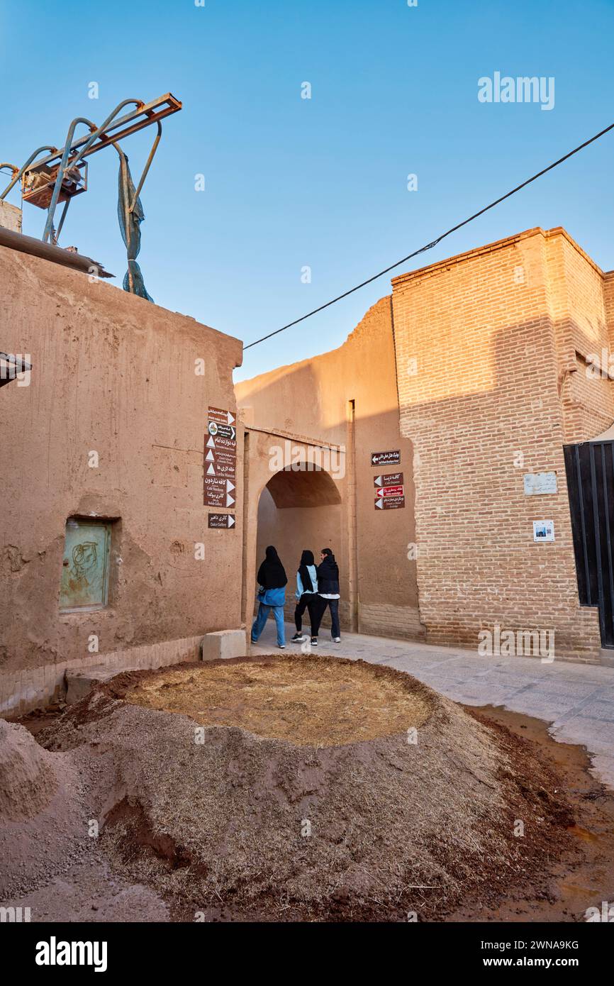 Mélange cru d'adobe (un composite de terre mélangé avec de l'eau, de la paille et du fumier) préparé pour plâtrer les murs dans la vieille ville historique de Yazd, Iran. Banque D'Images
