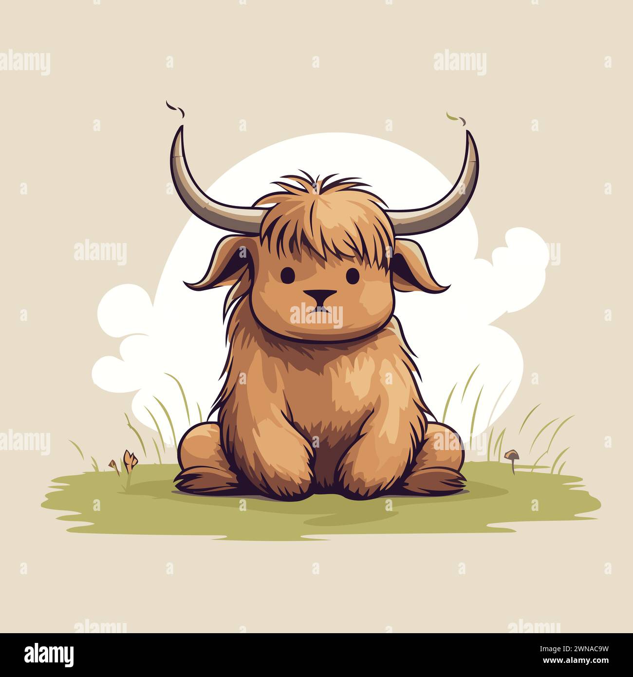Illustration vectorielle d'un yak mignon assis sur l'herbe. Personnage de dessin animé. Illustration de Vecteur