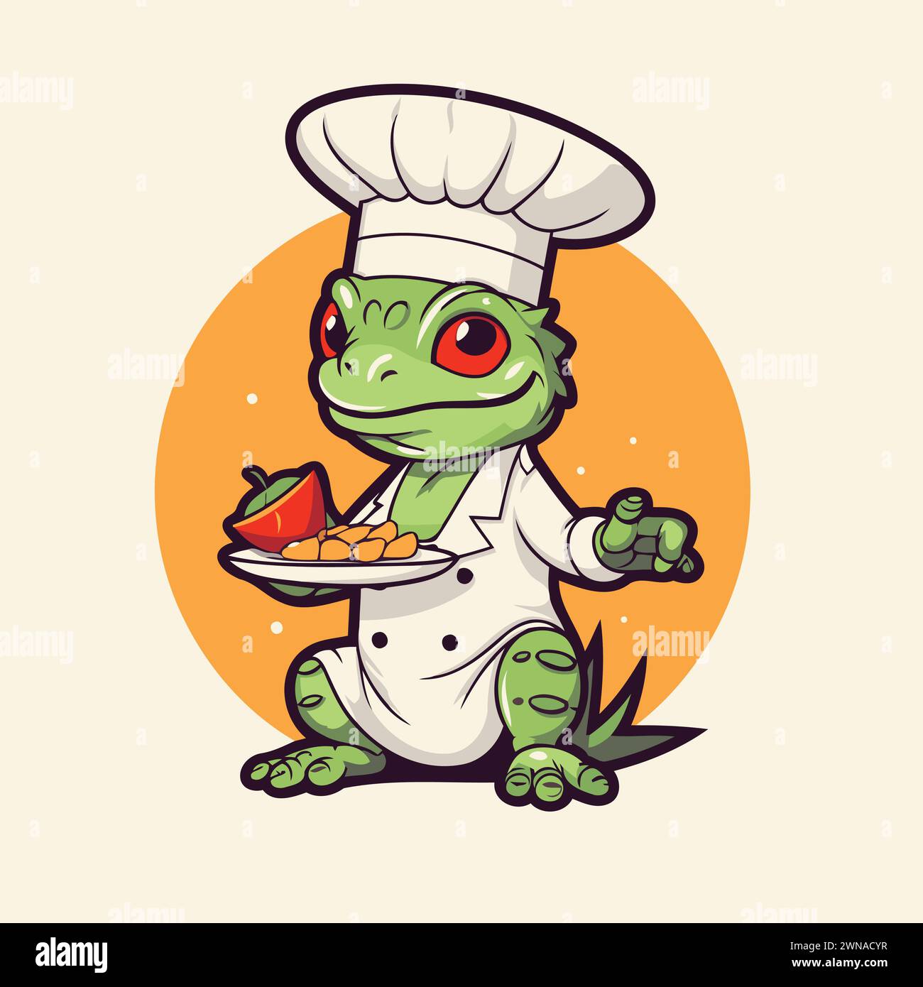 Personnage de dessin animé de chef de grenouille avec de la nourriture dans sa main. Illustration vectorielle. Illustration de Vecteur