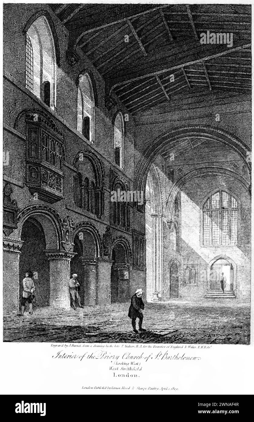 Gravure intitulée The Interior of the Priory Church of St Bartholomew (Looking West) West Smithfield, Londres UK - tirée d'un livre de 1815. Banque D'Images