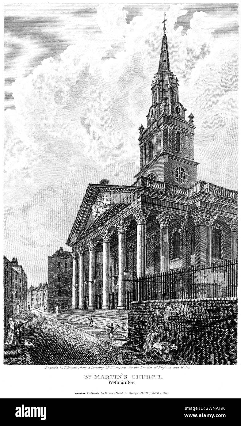 Gravure de l'église St Martins, Westminster, (St Martin in the Fields, Trafalgar Square) Londres Royaume-Uni numérisée à haute résolution à partir d'un livre de 1815. Banque D'Images