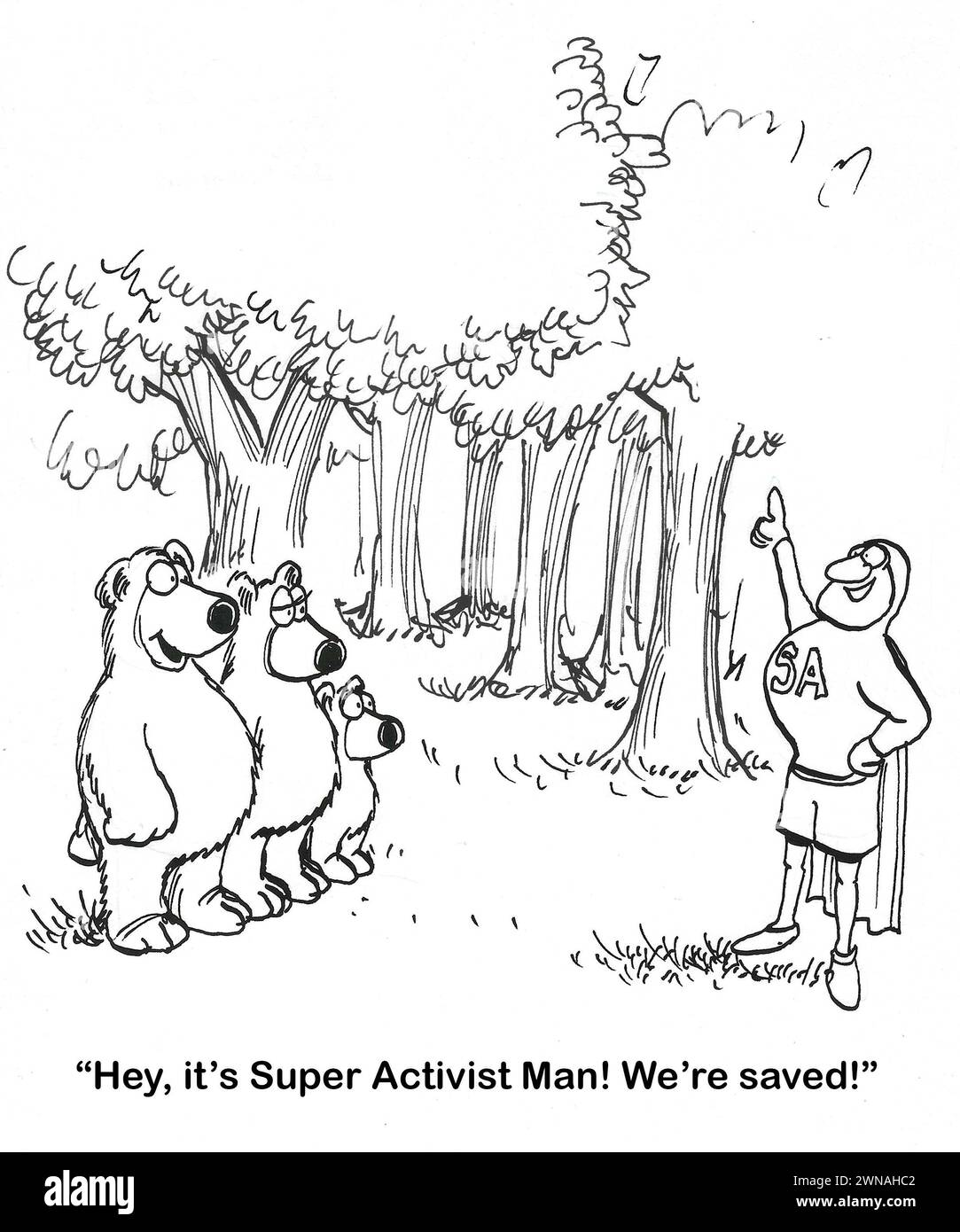 Caricature BW d'un 'Super activiste' sauvant les ours du développement humain. Banque D'Images