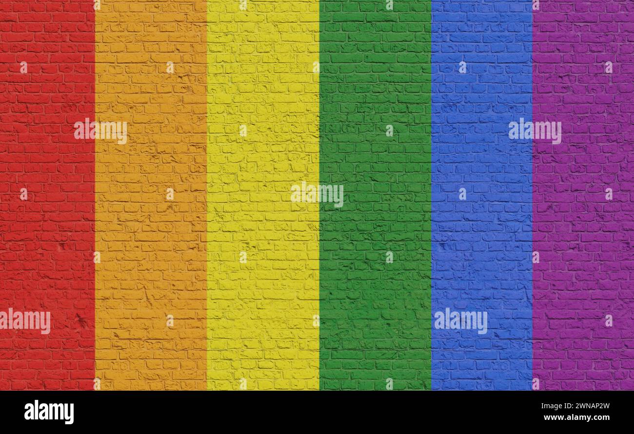 Couleurs de la communauté LGBTQ peintes sur un mur de briques. Couleurs du drapeau suédois peintes sur un mur de briques. Couleurs nationales, pays, bannière, gouvernement, culture suédoise, politique. Movement FLAG Brick Wall LGBTQ Community Banque D'Images
