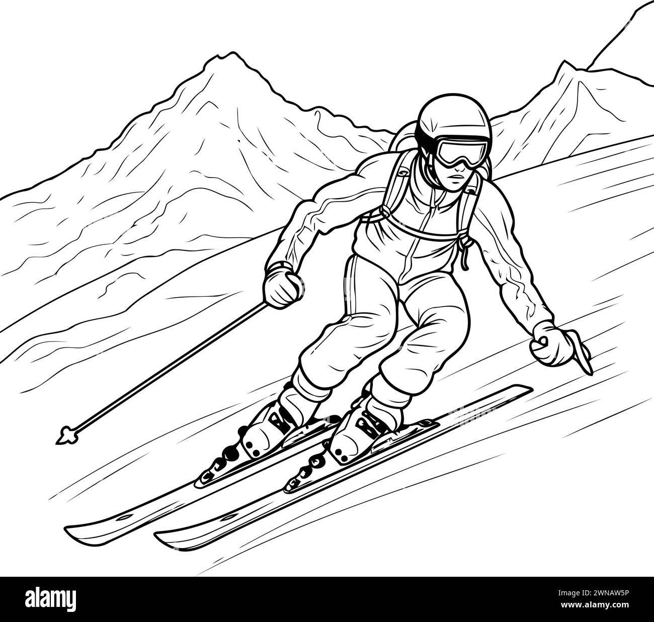 Ski. Skieur ski alpin. Illustration vectorielle noir et blanc. Illustration de Vecteur
