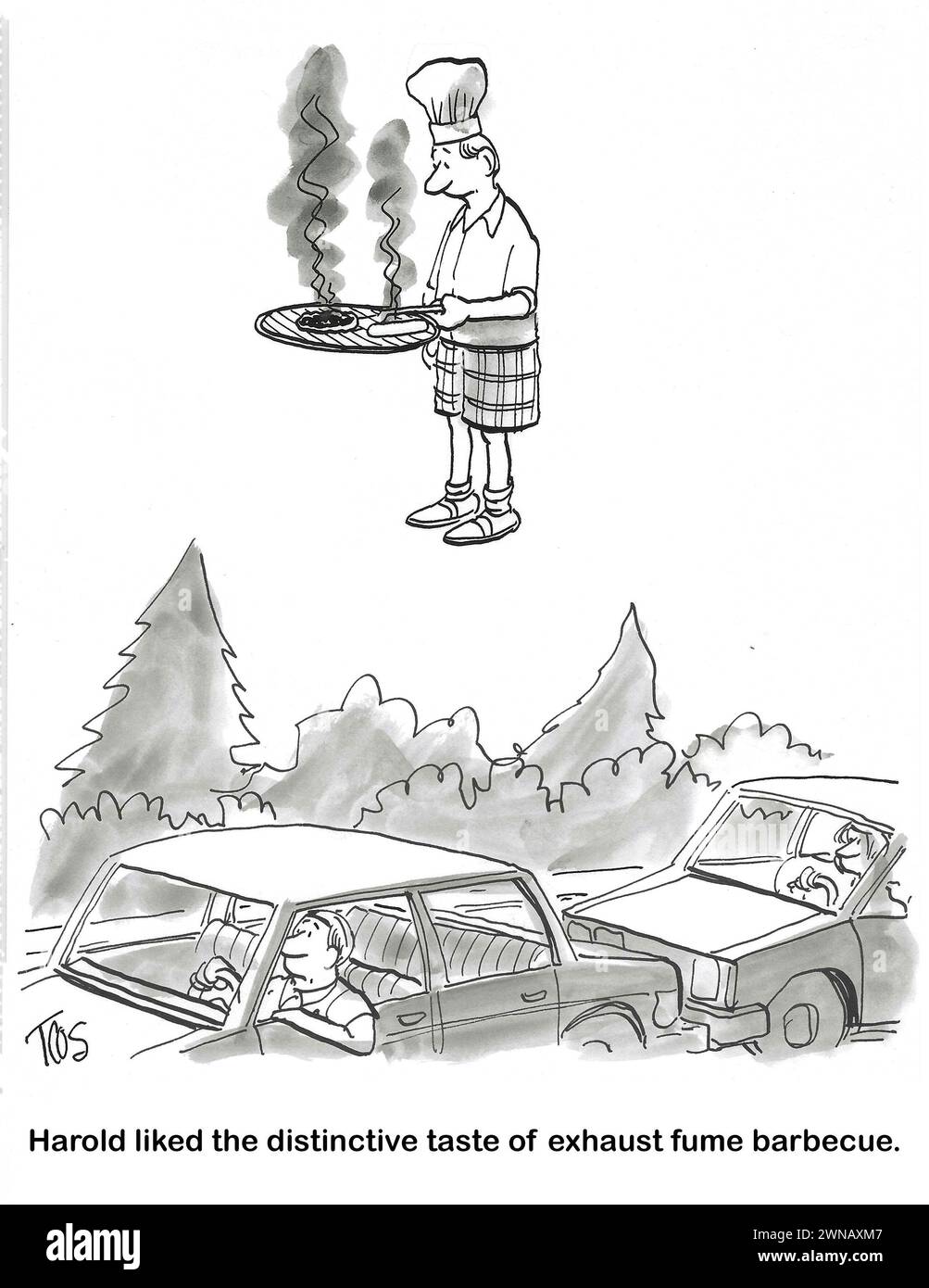 Dessin animé BW d'un homme cuisinant son barbecue au-dessus des capots des voitures sur l'autoroute. Banque D'Images