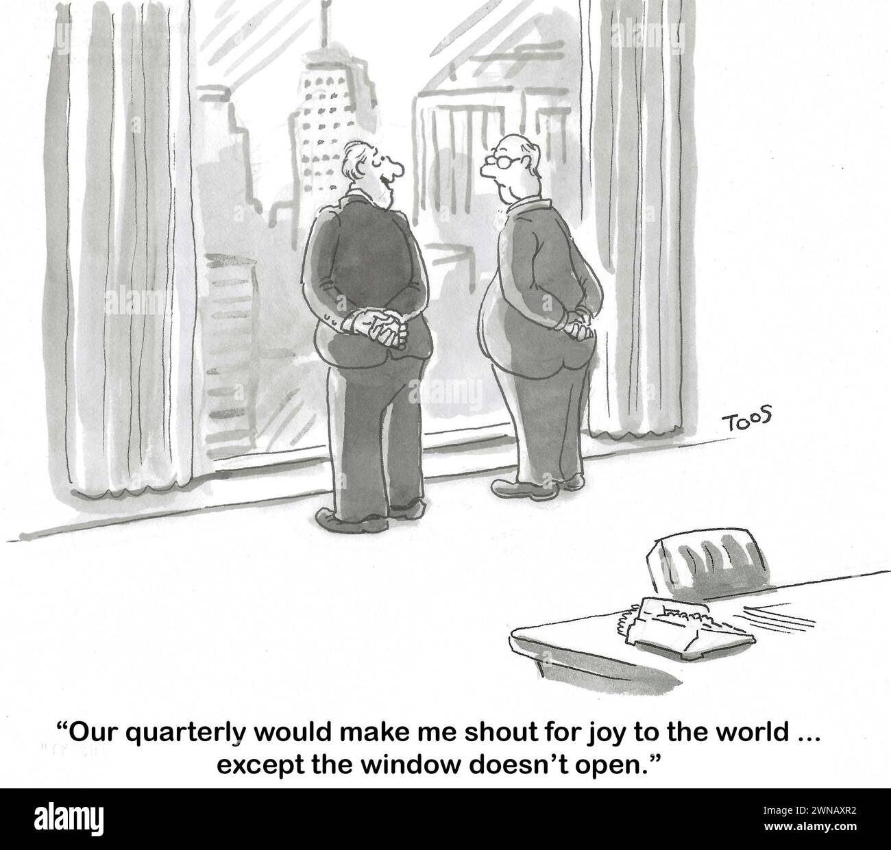 Dessin animé BW de deux hommes professionnels seniors s'exclamant sur leurs grands résultats trimestriels, la fenêtre ne s'ouvre pas, ils ne peuvent donc pas crier au monde Banque D'Images