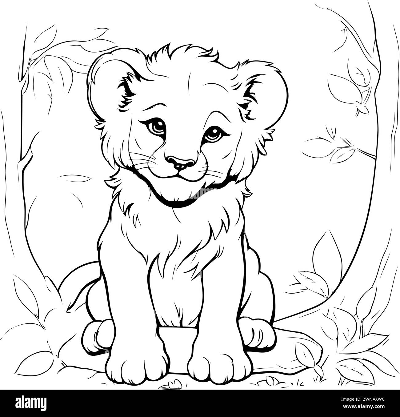 Lion Cub dans la jungle. Illustration vectorielle noir et blanc. Illustration de Vecteur