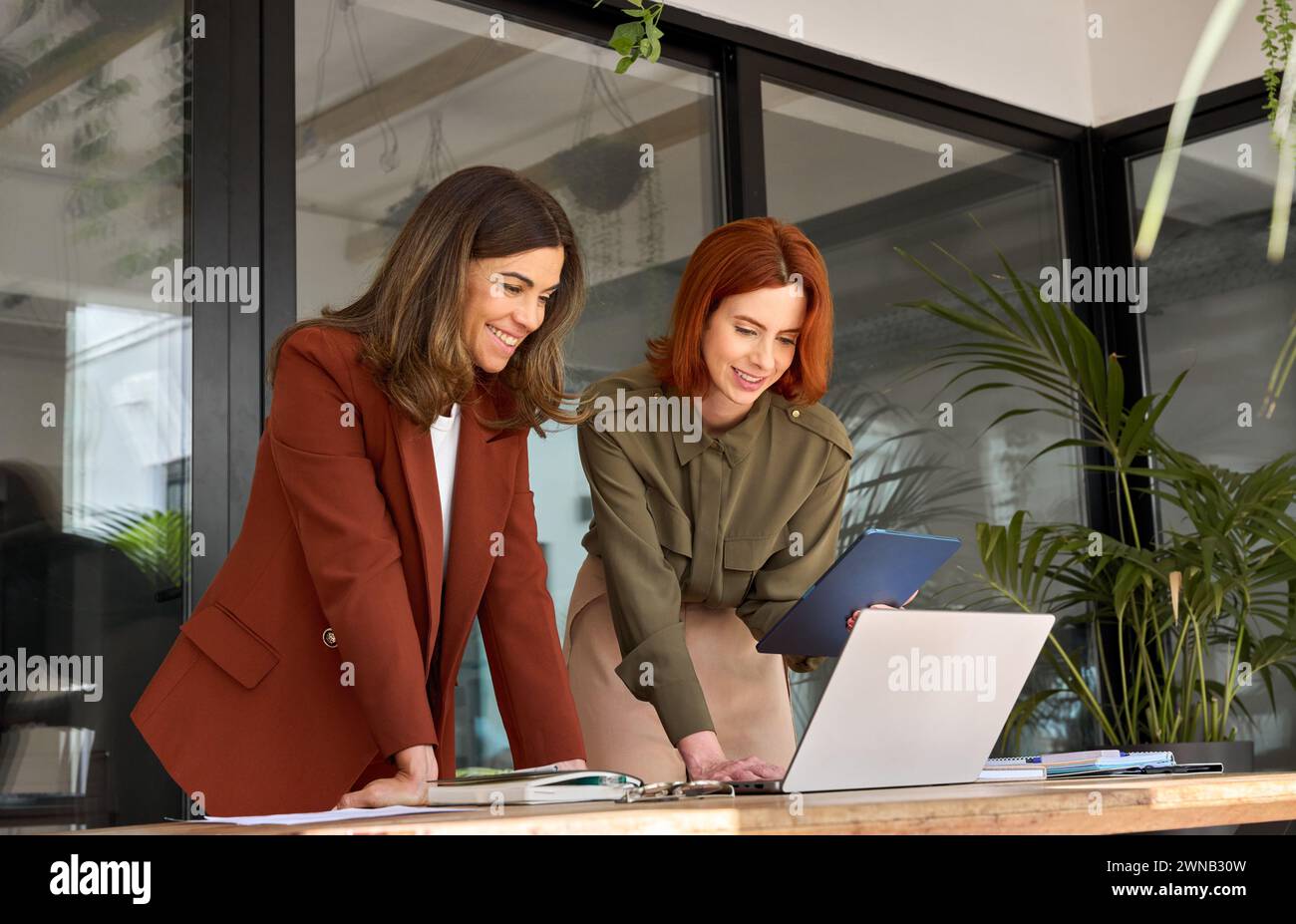 Deux partenaires féminins professionnels souriants travaillant au bureau regardant un ordinateur portable. Banque D'Images