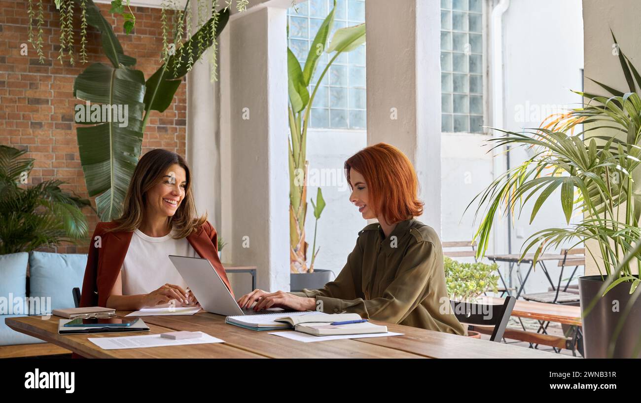Deux femmes d'affaires heureuses parlant à l'aide d'un ordinateur portable travaillant dans un bureau confortable vert. Banque D'Images